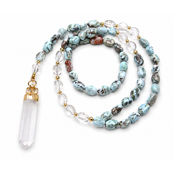 108 Mala Larimar Halskette Meditationsschmuck, Naturstein Rohkristall, Nugget 6 - 9 mm, Anhänger 8 - 15 x 45 - 70 mm