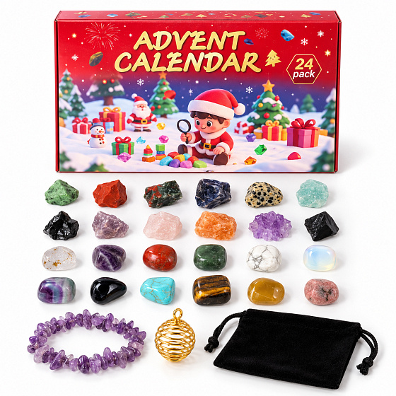 Adventní kalendář s kameny – 24 surových a leštěných kamenů, náramek a doplňky