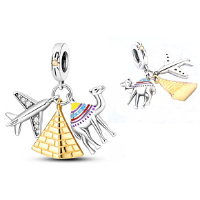 Charms Sterling Silber 925 Ägypten Pyramide, Kamel, Flugzeug, 3in1 Reisearmband Anhänger