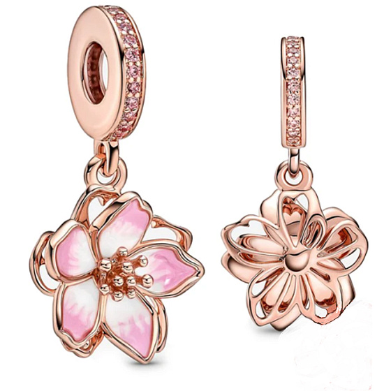 Charms Sterling Silber 925 Kirschblüte vergoldet in rosa Farbe, Natur Armband Anhänger