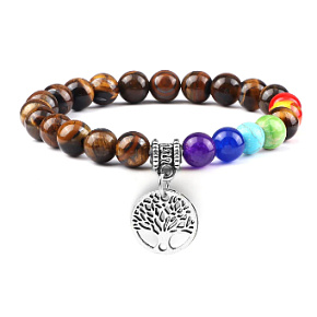 Chakra-Armband Baum des Lebens + Holz, Heilung, elastisch, Kugel 8 mm / 16-17 cm