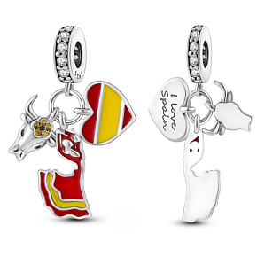 Charm Sterlingsilber 925 Spanien Flagge Herz - Stierkampf, Flamenco, Ich liebe Spanien 3-in-1 Anhänger für Armband Reisen