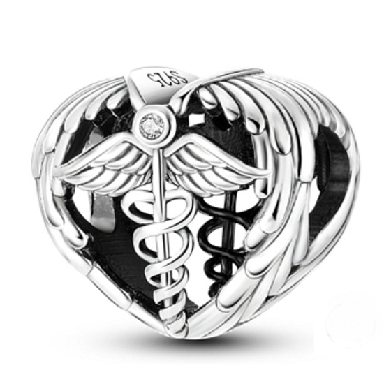 Charm Sterling Silber 925 Graduation - Äskulapstab - Emblem der Ärzte und Apotheker, Absolventen Perle Herz am Armband Job