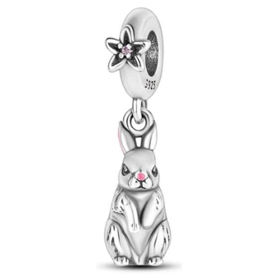 Charms Sterling Silber 925 Kaninchen mit rosa Nase, Tierarmbandanhänger