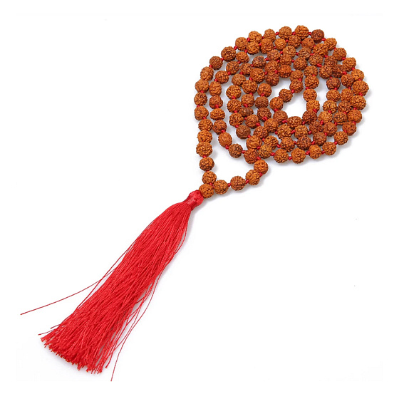 108 Mala Rudraksha meditační náhrdelník, vázaný přírodní korálek 8 mm, ruční výroba, se střapcem 8 cm, červená barva, tradiční meditační šperk