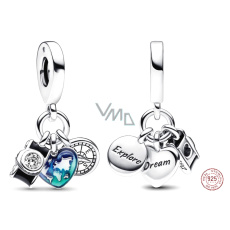 Charm Sterling Silber 925 Weltkarte in Herz, Kompass, Kamera 3in1, Reise-Armband-Anhänger Charm Sterling Silber 925 Weltkarte in Herz, Kompass, Kamera 3in1, Reise-Armband-Anhänger