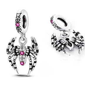 Charms Sterling Silber 925 Spinne, Schwarze Witwe mit rosa und weißen Zirkonia, Tierarmbandanhänger