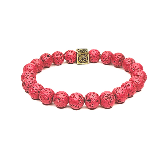 Lava hellrot mit königlichem Mantra Om, Armband elastischer Naturstein, Kugel 8 mm / 16-17 cm, geboren aus den vier Elementen