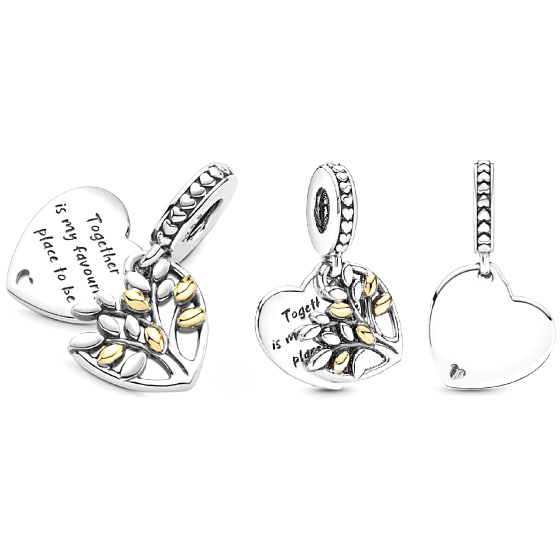 Charme Sterling Silber 925 Herz und Baum des Lebens 2in1, Anhänger am Armband Familie
