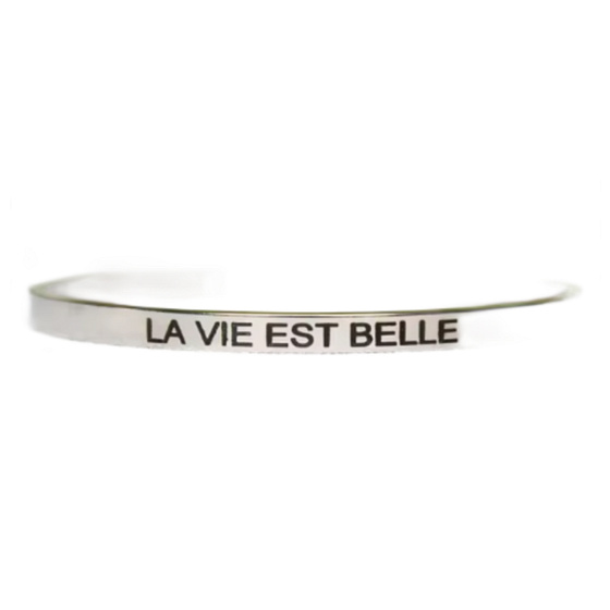 Edelstahlarmband silber mit Gravur Das Leben ist schön, offene Manschette, 4 mm