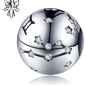 Sterling Silber 925 Tierkreiszeichen Zwillinge + Zirkonia, Perle für Armband 9 mm