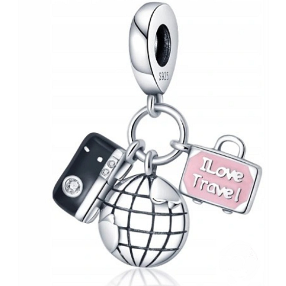 Charm Sterling Silber 925 Erdkugel, Kamera, rosa Koffer 3in1, Reise-Armband-Anhänger