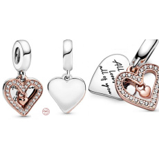Charms Sterling Silber 925 Herz Funkelnder Pfau Herz Vergoldet in Rose 2in1, Anhänger Armband Liebe