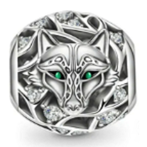 Charm Sterlingsilber 925 Wolf, grüne Augen, Perle für Armband Tier