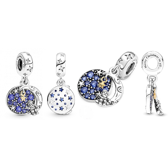 Charm Sterling Silber 925 Weihnachtsmann auf dem Mond 2in1, Weihnachtsarmband-Anhänger