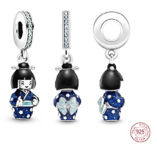 Sterling Silber 925 Japanische Puppe, Theater des Lebens, Reise-Armband-Anhänger