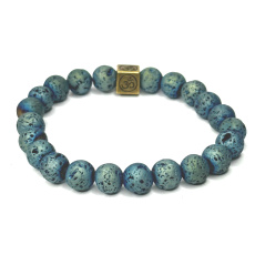Lava blau überzogen mit königlichem Mantra Om, Armband elastischer Naturstein, Kugel 8 mm / 16-17 cm, geboren aus den vier Elementen