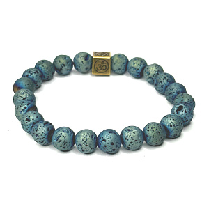 Lava blau überzogen mit königlichem Mantra Om, Armband elastischer Naturstein, Kugel 8 mm / 16-17 cm, geboren aus den vier Elementen