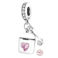 Sterling Silber 925 Airpods Kopfhörer mit rosa Herz, 2in1-Anhänger Armband Interessen