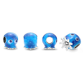 Charm Sterlingsilber 925 Oktopus mit Blasen und Meereswellen, Perle für Meeresarmband
