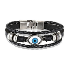 Mehrschichtiges Lederarmband braun, blaues Augensymbol, größenverstellbar