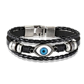 Mehrschichtiges Lederarmband braun, blaues Augensymbol, größenverstellbar