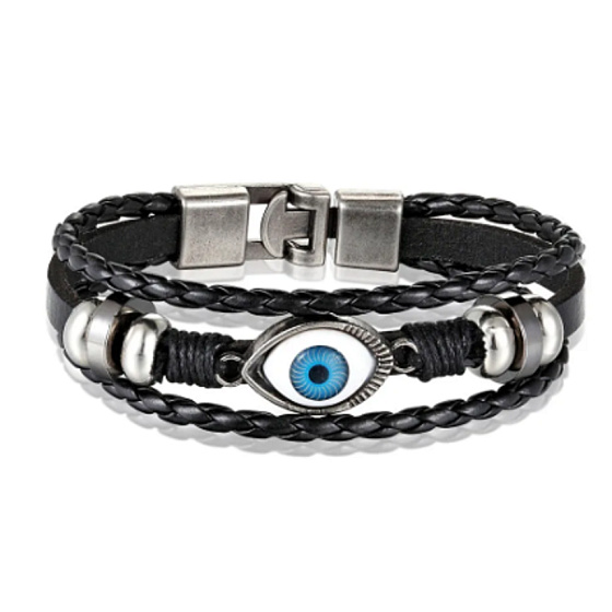 Mehrschichtiges Lederarmband braun, blaues Augensymbol, größenverstellbar