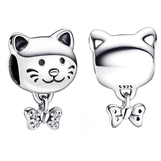 Charme Sterling Silber 925 Katze und Schleife, Perle auf Armband pet
