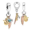Charm Sterling Silber 925 Schutzamulett, Hand der Fatima, Auge des Propheten und Feder, Talisman 3in1, Armband Anhänger Symbol