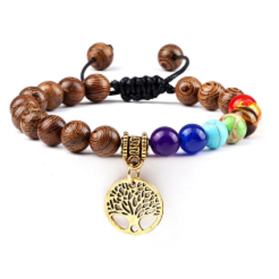 Chakra-Armband Baum des Lebens + Holz, Heilung, handgestrickt, verstellbare Größe, Kugel 8 mm