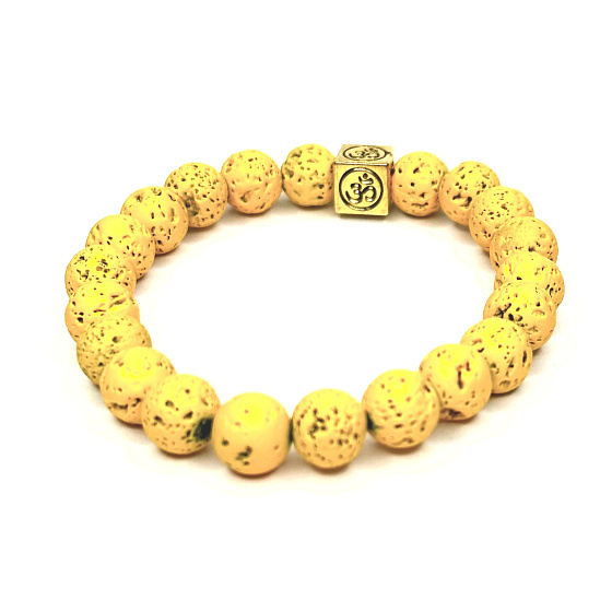 Lava hellgelb mit königlichem Mantra Om-Armband elastischer Naturstein, Kugel 8 mm / 16-17 cm, geboren aus den vier Elementen