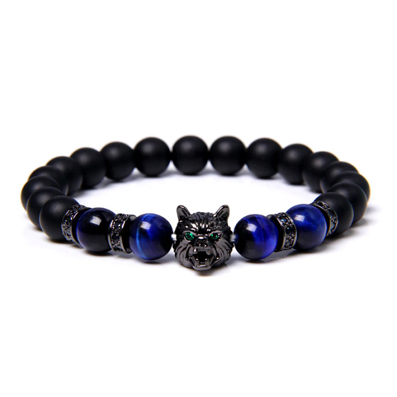 Lava schwarz + Tigerauge dunkelblau + Wolfskopf Armband elastisch Naturstein, Kugel 8 mm / 21 cm