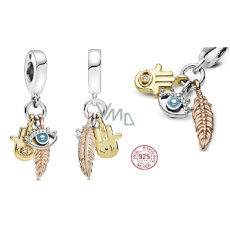 Charm Sterling Silber 925 Schutzamulett, Hand der Fatima, Auge des Propheten und Feder, Talisman 3in1, Armband Anhänger Symbol Charm Sterling Silber 925 Schutzamulett, Hand der Fatima, Auge des Propheten und Feder, Talisman 3in1, Armband Anhänger Symbol