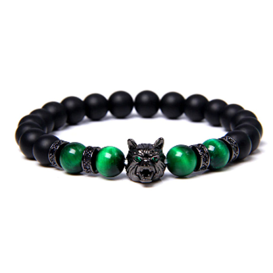Lava schwarz + Tigerauge grün + Wolfskopf Armband elastisch Naturstein, Kugel 8 mm / 21 cm