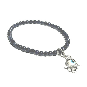 Saphir + Fatimas Hand abnehmbarer Anhänger, Armband elastischer Naturstein, Kugel 4 mm / 16-17 cm, Stein der Weisheit, Wahrheit und Intuition