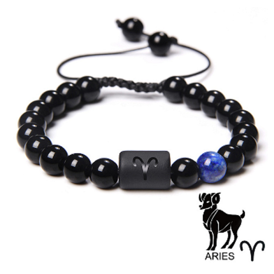 Onyx Widder Sternzeichen, Natursteinarmband, 8mm Kugel/ verstellbare Größe, Lebenskraftstein