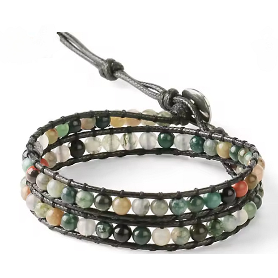 Achat Indianer Lederarmband Naturstein, handgefertigt, Verschluss, Kugel 4 mm, 17 - 23 cm, fügt Rückstoß und Stärke