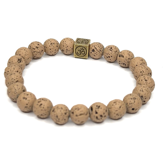 Lava hellbraun mit königlichem Mantra Om, Armband elastischer Naturstein, Kugel 8 mm / 16-17 cm, geboren aus den vier Elementen