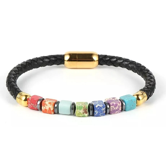 Chakra-Armband Natursteinwürfel, echtes dunkelbraunes Leder 20 cm mit goldenem Griff