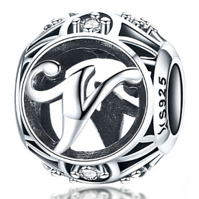 Sterling Silber 925 Magic Alphabet Buchstabe V mit Blumen, Perle für Armband