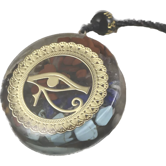 Orgonit-Amulett, Auge des Horns, Energieerzeuger, Naturstein (7 Chakren) + Epoxidharz + Seil 22 g