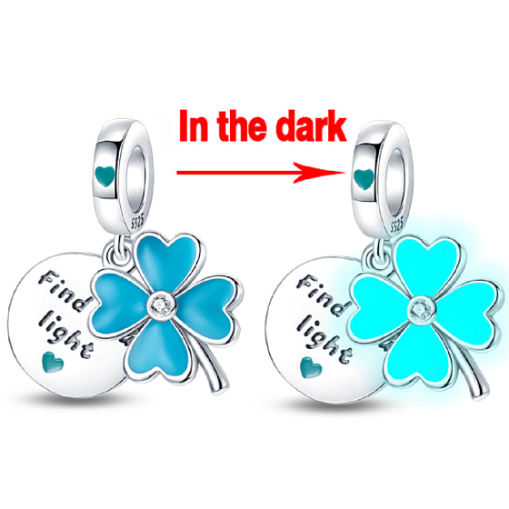 Charms Sterling Silber 925 Luminous - Vierblättriges Kleeblatt als Glücksbringer, 2in1-Natur-Armband-Anhänger