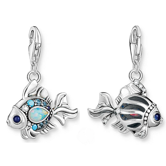 Charms Sterling Silber 925 Fisch mit blauen Strasssteinen, Karabinerverschluss Tierarmband Anhänger