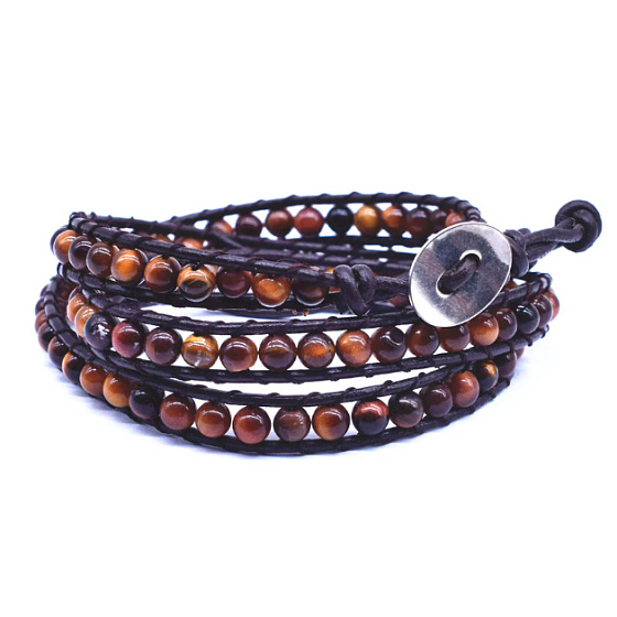 Tigerauge Lederarmband braun Naturstein Wickelperle handgestrickt 6 mm / ca. 34 cm + 5 cm, Stein der Sonne und Erde, bringt Glück und Reichtum