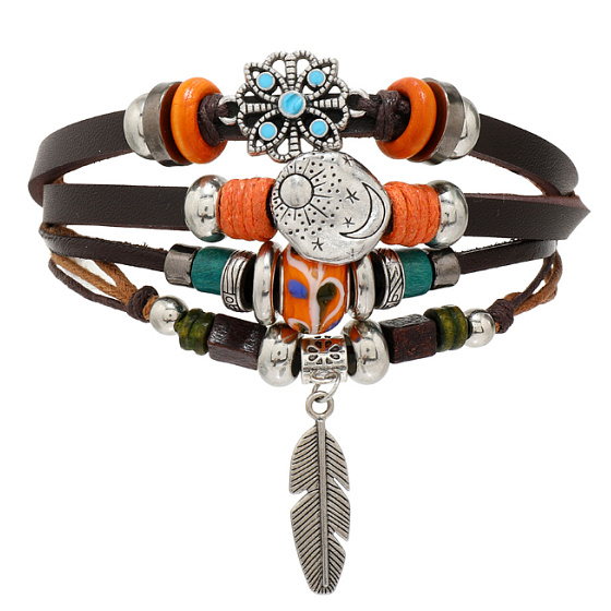 Mehrlagiges Lederarmband, Feder + Mond-/Sonnensymbol, größenverstellbar