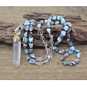 108 Mala Larimar Halskette Meditationsschmuck, Naturstein Rohkristall, Nugget 6 - 9 mm, Anhänger 8 - 15 x 45 - 70 mm