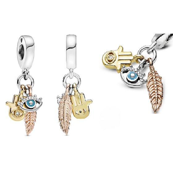 Charm Sterling Silber 925 Schutzamulett, Hand der Fatima, Auge des Propheten und Feder, Talisman 3in1, Armband Anhänger Symbol