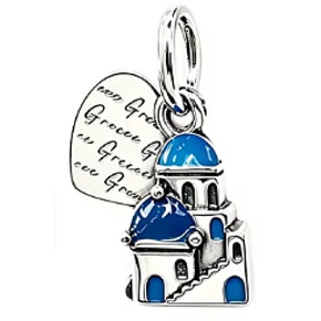 Charm Griechenland – Santorini, blaue Kuppeln und Herz Greece 2v1, Erinnerung an Meer, Sonne und griechische Inseln | Anhänger für Reisearmband Charm Griechenland – Santorini, blaue Kuppeln und Herz Greece 2v1, Erinnerung an Meer, Sonne und griechische Inseln | Anhänger für Reisearmband