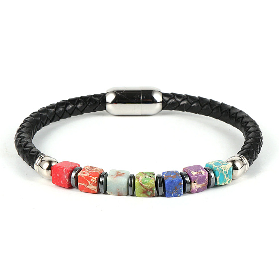 Chakra-Armband Natursteinwürfel, echtes schwarzes Leder 20 cm mit silbernem Griff