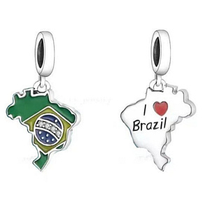 Charm Sterlingsilber 925 Brasilien Flagge - schwingende Karte, Anhänger für Armband Reisen